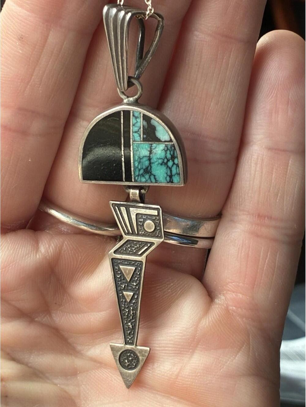 Ray Tracey Sterling Turquoise Onyx Pendant Necklace Navajo 18” Chain - Picture 7 of 9